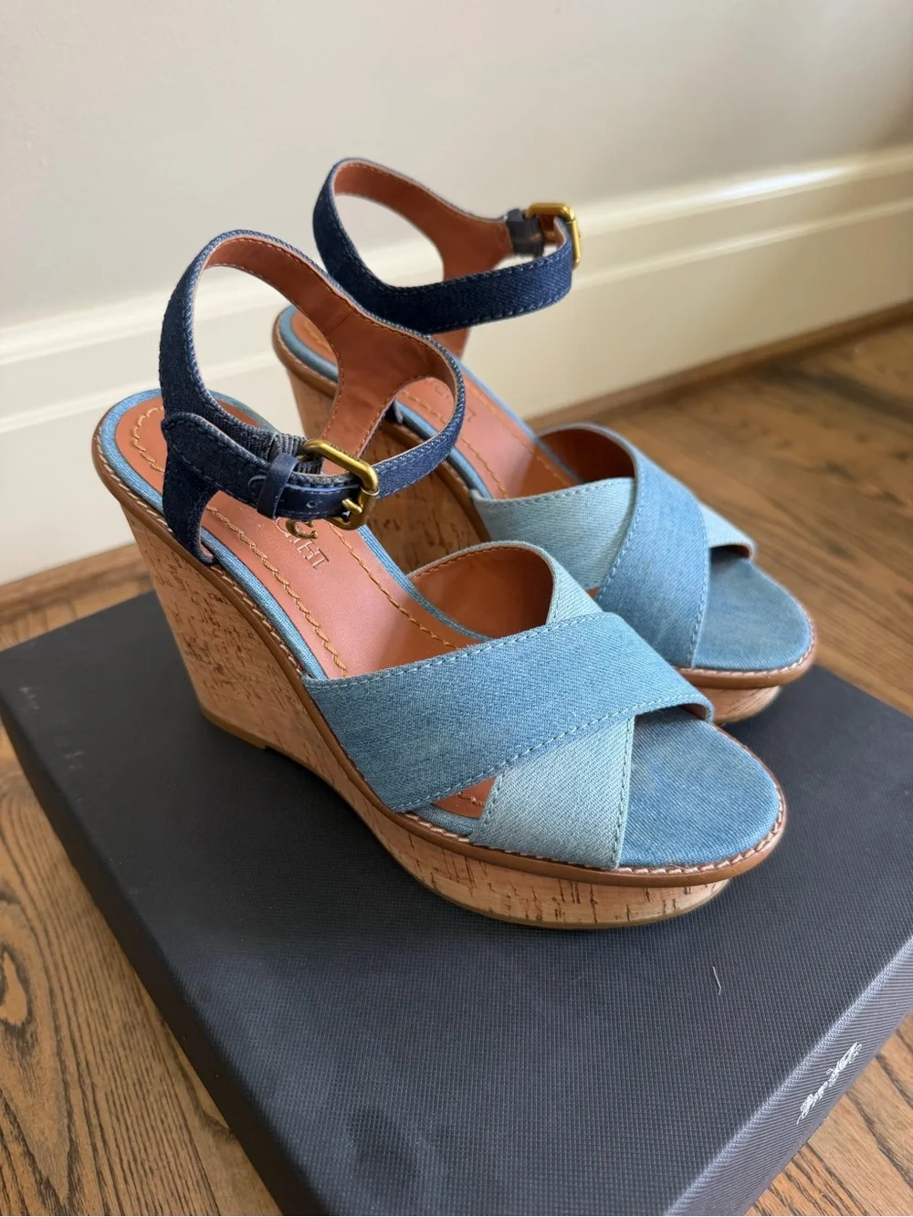COACH Denim Blue Cork Wedge Sandals - Women's Platform Heels
